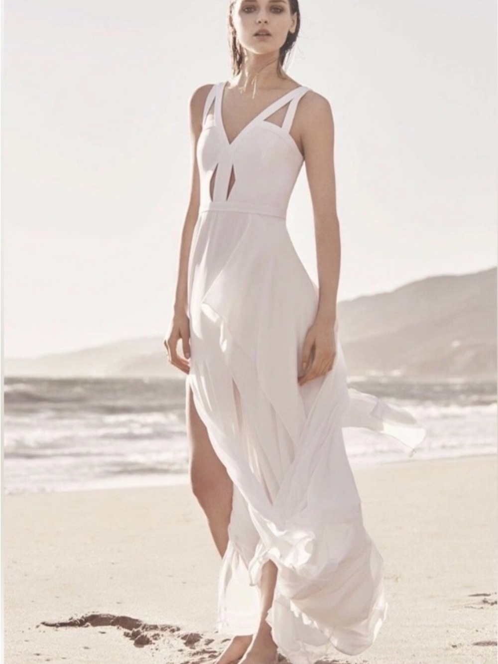 BCBGMaxAzria White Cutout Strap Flowing Chiffon Maxi Dress - Picture 1 of 3